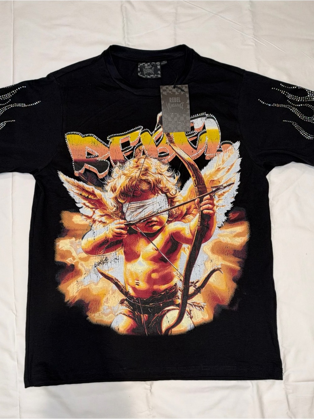 Rebel Vengeance Cupid Rhinestone Flame T Shirt XL Y2K Grunge Biker Gothic NWT